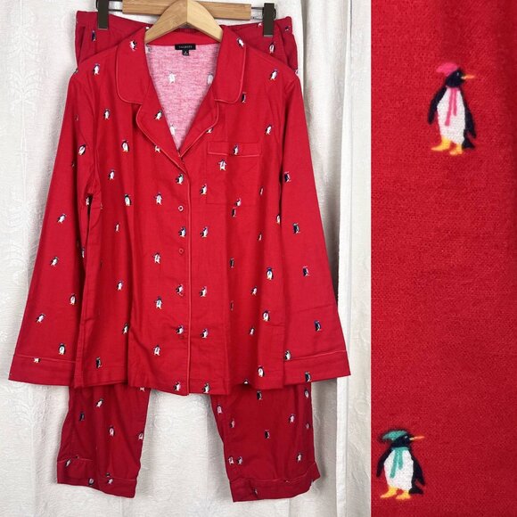 Talbots cotton flannel sleep set red Dancing Penguins print pajamas top pants M - Picture 1 of 11